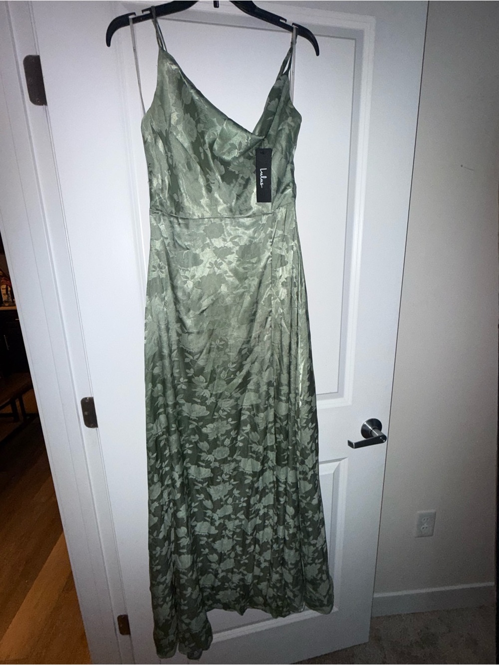 Lulu's Sage Green Jaquard Floral Satin Cowl Neck Maxi Dress